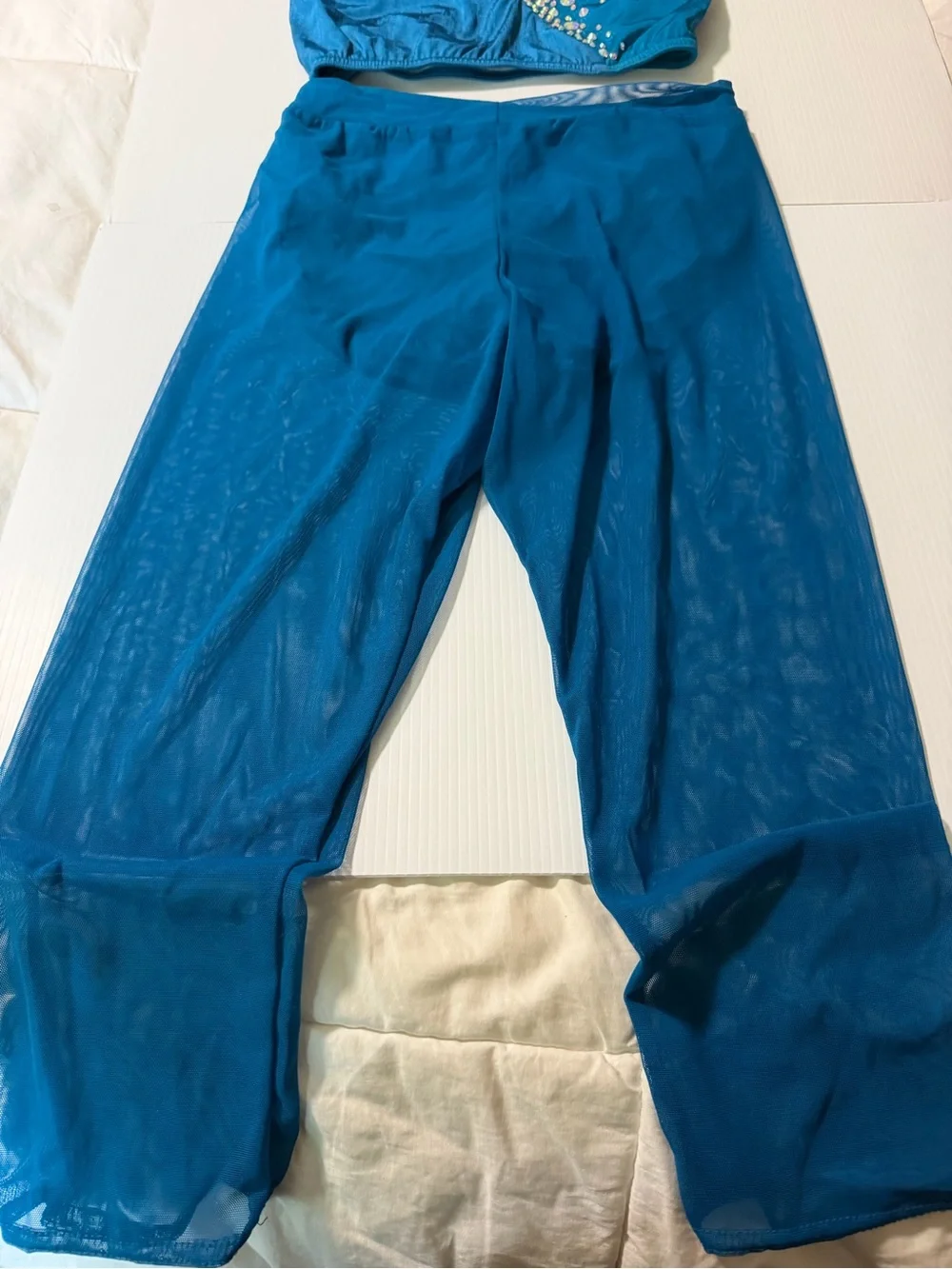 Kelle dance solo costume teal blue 2 piece custom rhinestone MA-Medium adult